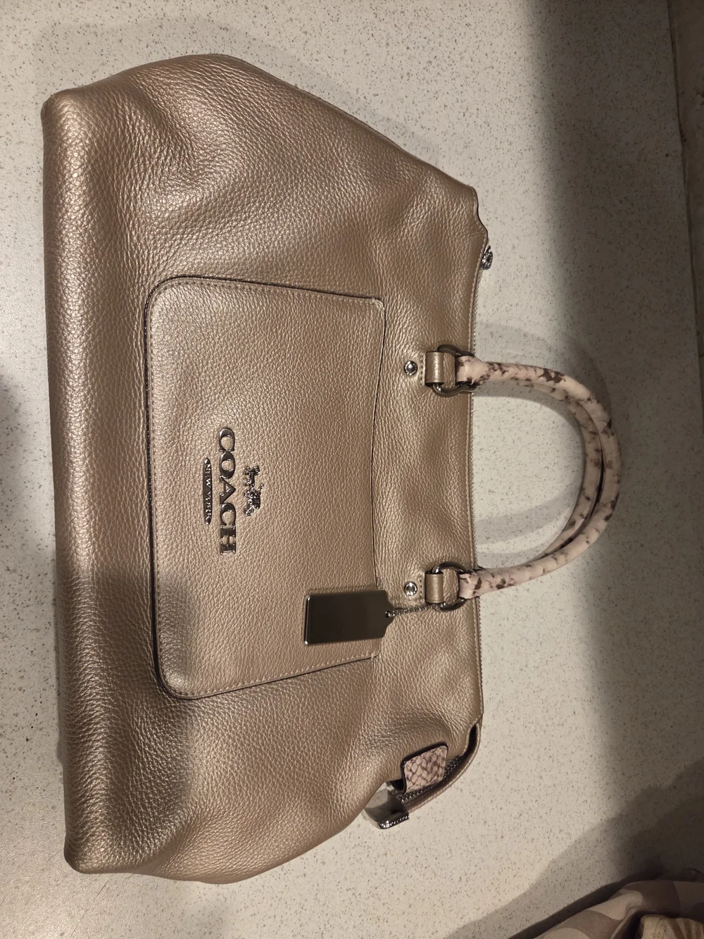 Coach Metallic Taupe Pebbled Leather Satchel with Snakeskin-Patterned Handles